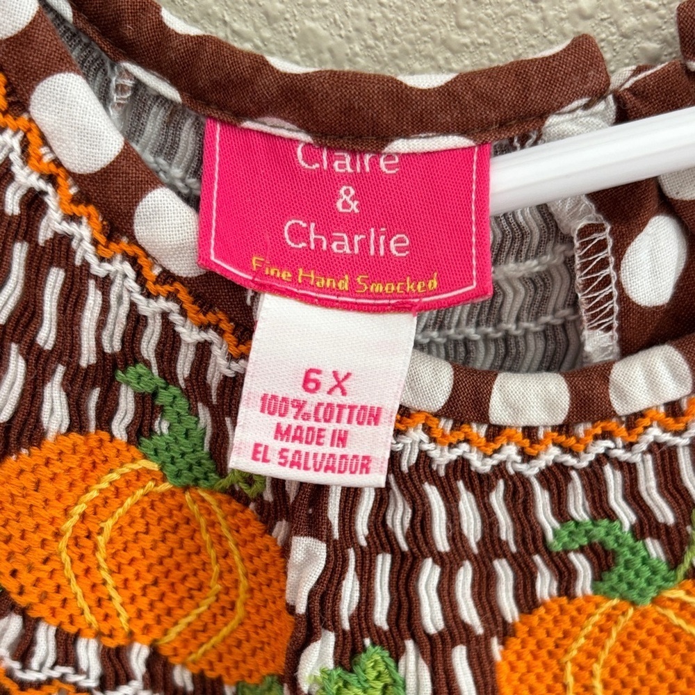 Claire & Charlie Polka Dot Kids Dress with Smocking  And Pumpkin Accents Size 6X - Picture 3 of 9